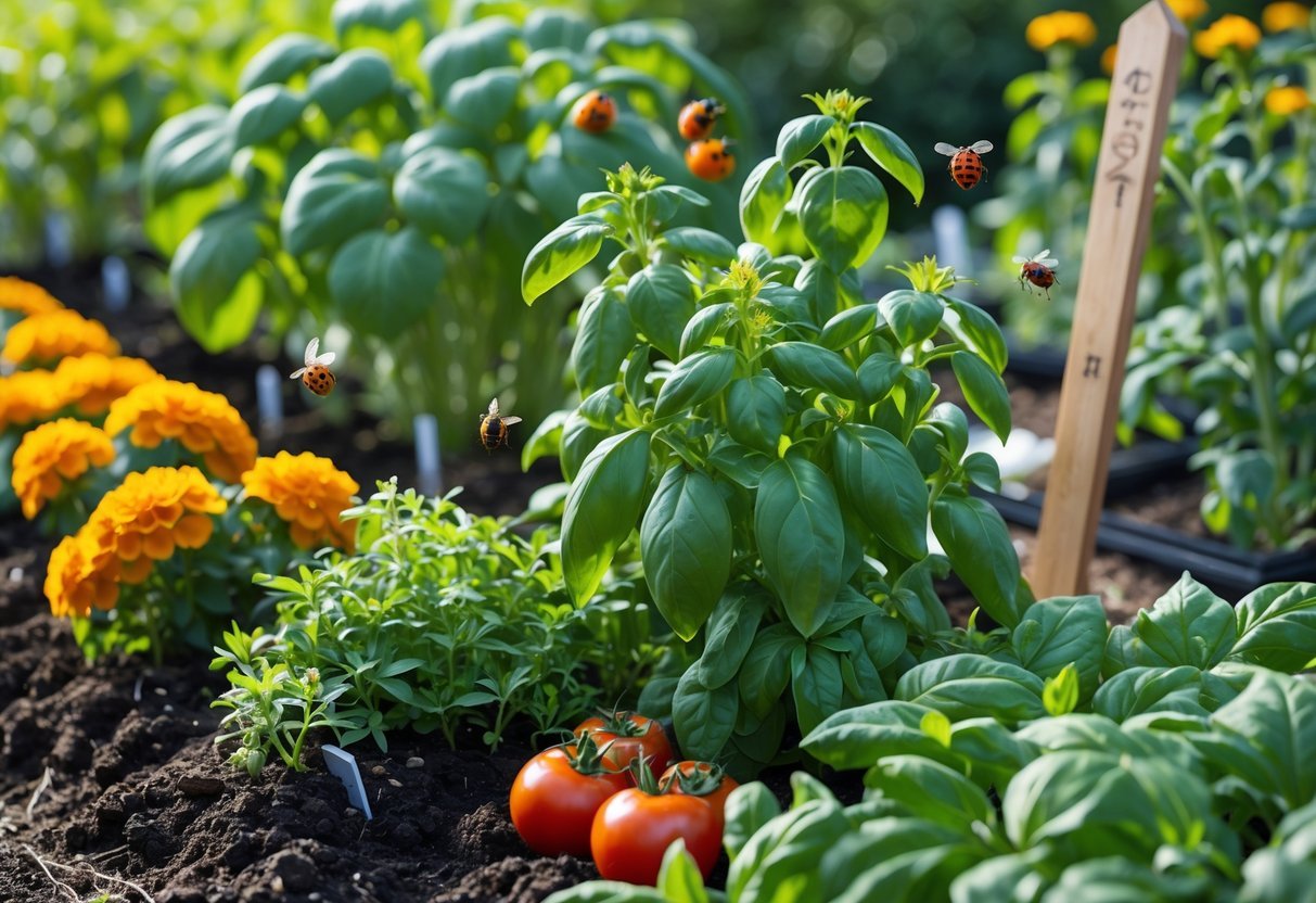 26+ Natural Pest Control Garden Ideas: Effective Methods Every US Gardener Should Try 2 A garden with various plants growing together including marigolds, basil, tomatoes, and beans, with ladybugs and bees on the plants.