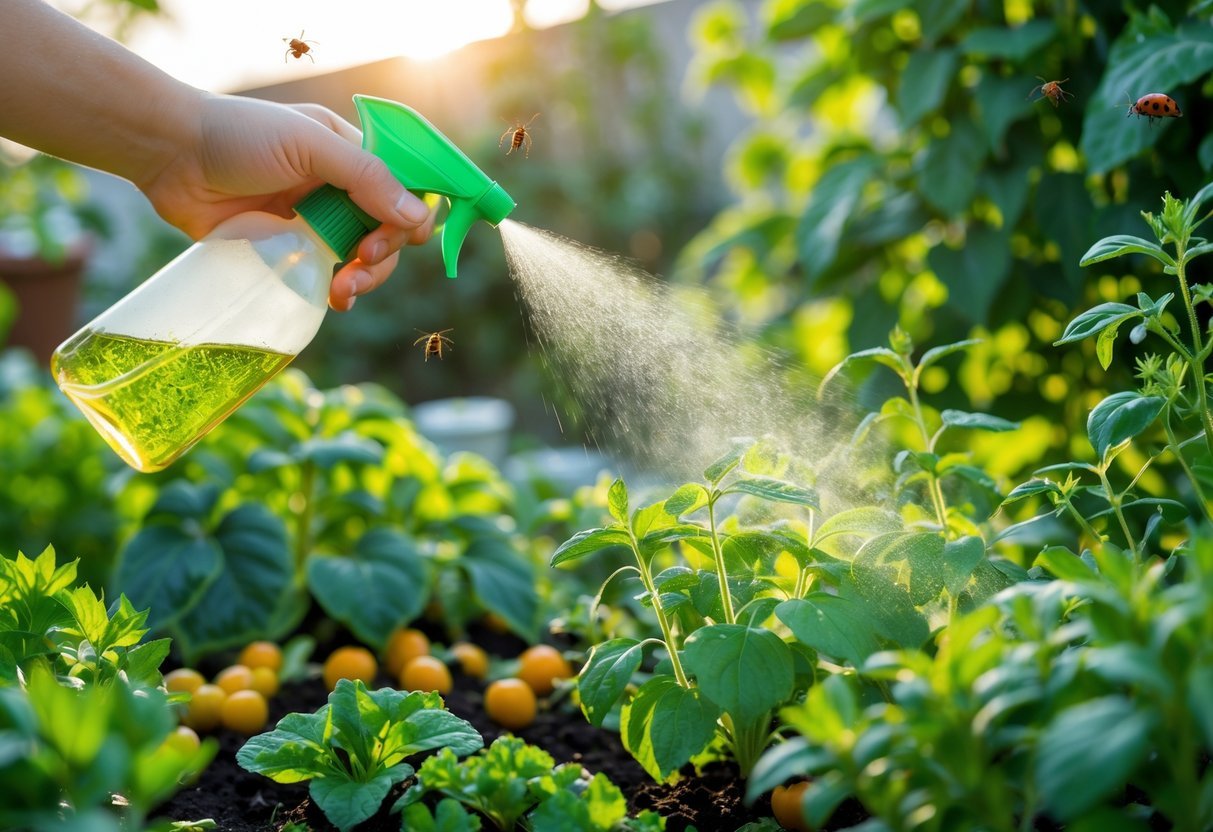 26+ Natural Pest Control Garden Ideas: Effective Methods Every US Gardener Should Try 3 A hand spraying neem oil on healthy green plants in a garden with sunlight and beneficial insects nearby.