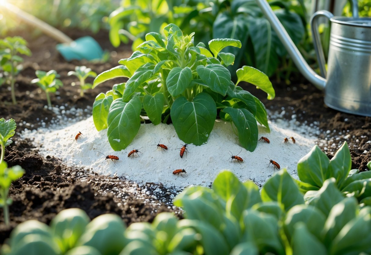 26+ Natural Pest Control Garden Ideas: Effective Methods Every US Gardener Should Try 4 Close-up of green garden plants with white powder sprinkled at their base and small insects on the leaves in a sunny garden setting.