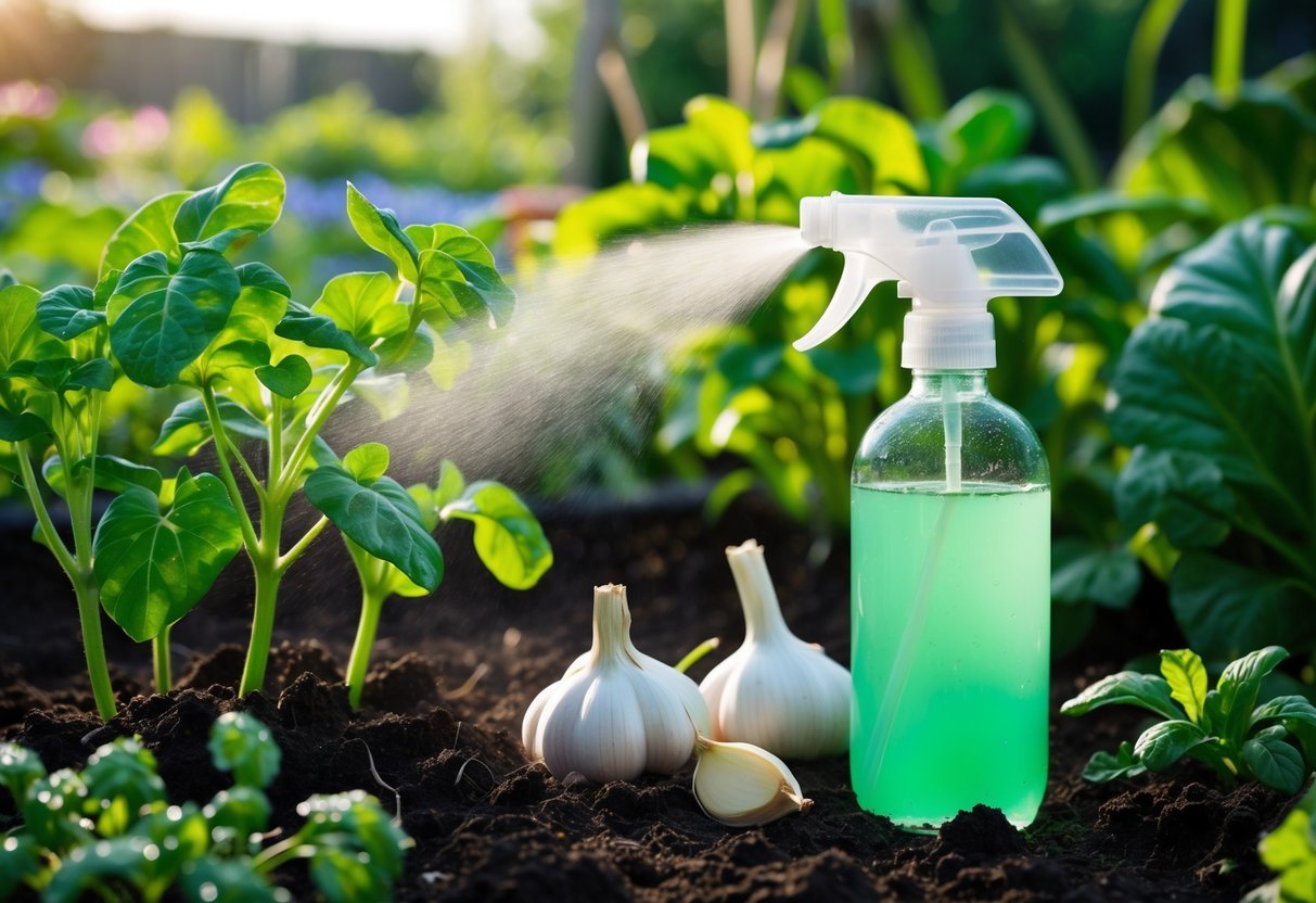 26+ Natural Pest Control Garden Ideas: Effective Methods Every US Gardener Should Try 5 A garden with green plants being sprayed with a natural garlic spray from a clear bottle, surrounded by fresh garlic bulbs on soil.