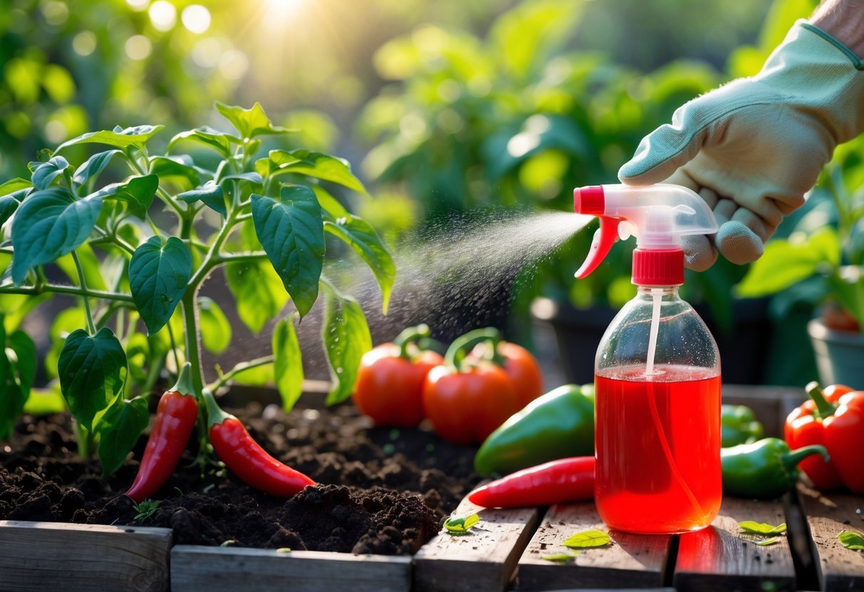 26+ Natural Pest Control Garden Ideas: Effective Methods Every US Gardener Should Try 6 A garden scene with a spray bottle of hot pepper solution being used on healthy vegetable plants surrounded by fresh chili peppers and green leaves.