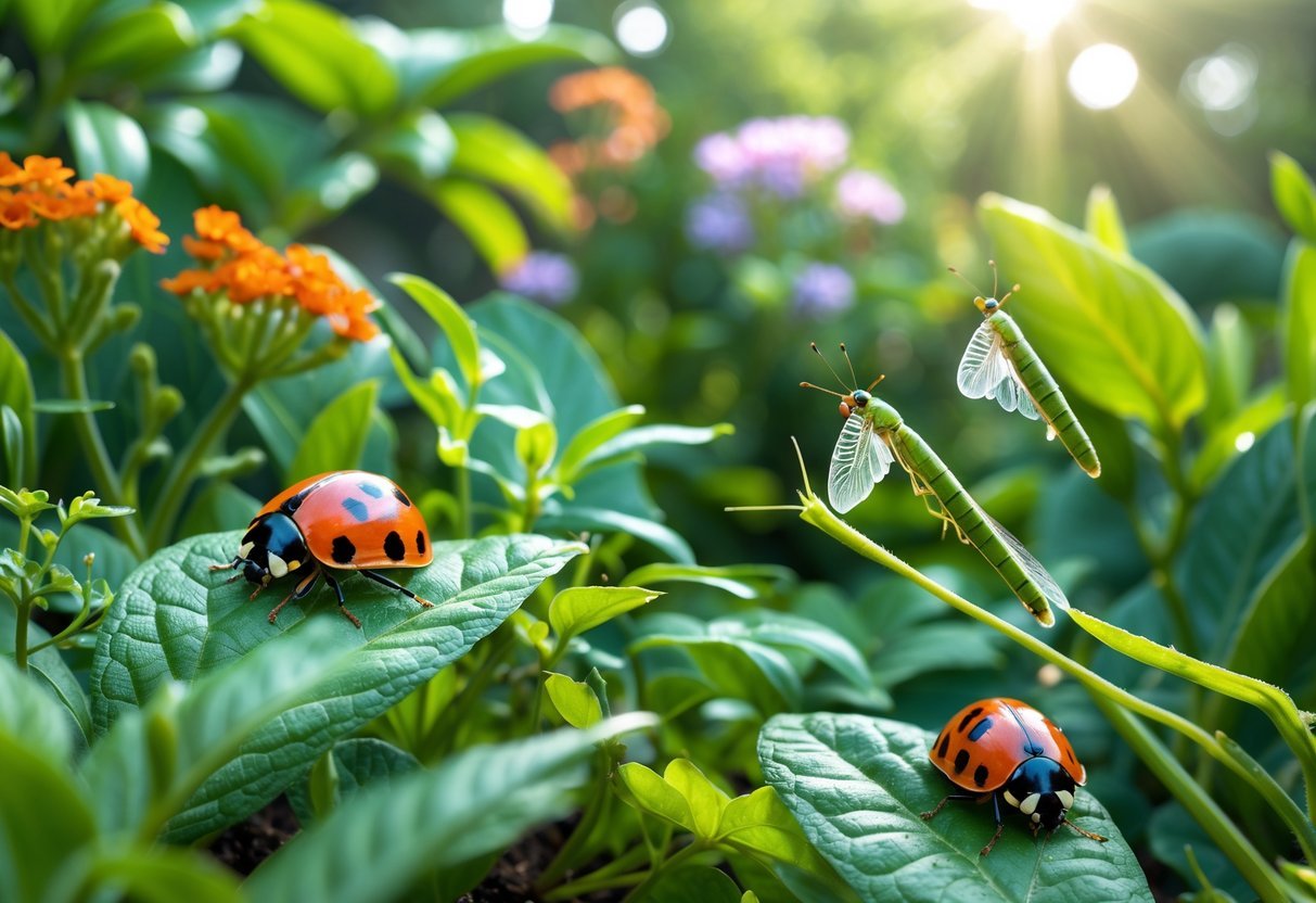 26+ Natural Pest Control Garden Ideas: Effective Methods Every US Gardener Should Try 7 Close-up of ladybugs and lacewings on green leaves and flowering plants in a garden.