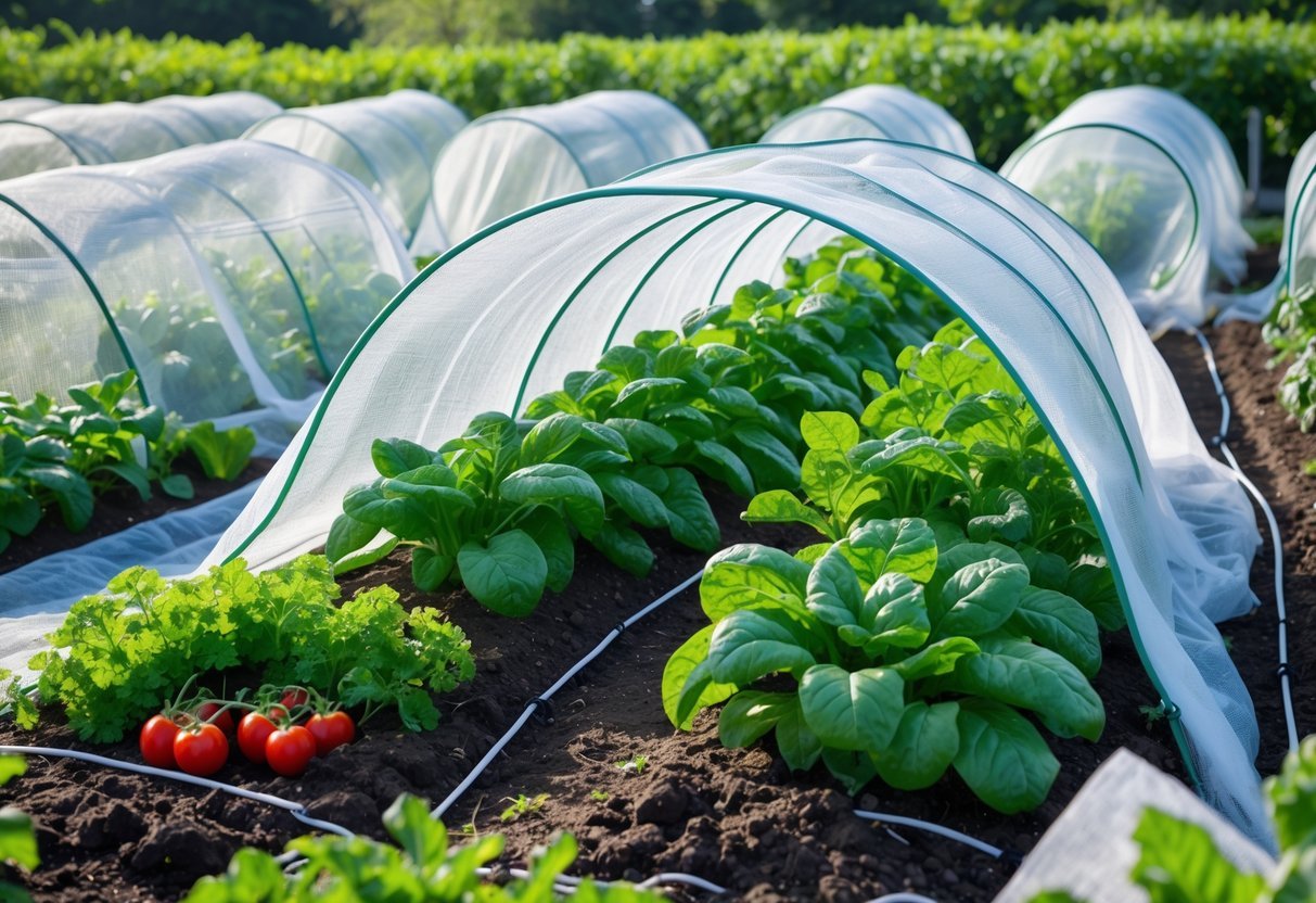 26+ Natural Pest Control Garden Ideas: Effective Methods Every US Gardener Should Try 8 A vegetable garden with rows of plants covered by white floating row covers protecting them from pests.