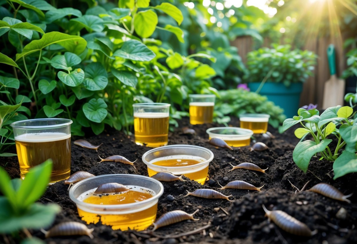 26+ Natural Pest Control Garden Ideas: Effective Methods Every US Gardener Should Try 9 A garden bed with shallow containers filled with beer used as traps for slugs among green plants.