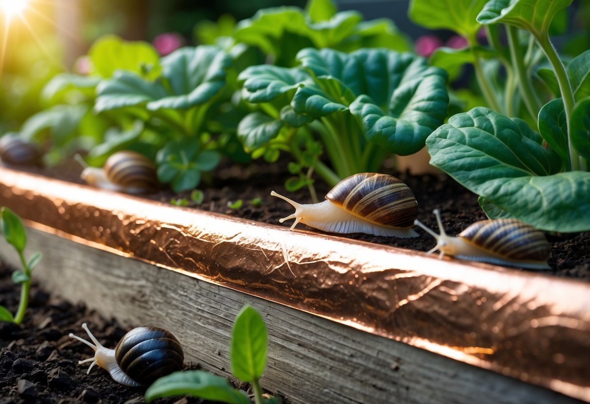 26+ Natural Pest Control Garden Ideas: Effective Methods Every US Gardener Should Try 10 Close-up of a garden bed with copper tape around the edge and snails and slugs near the tape, surrounded by green plants.