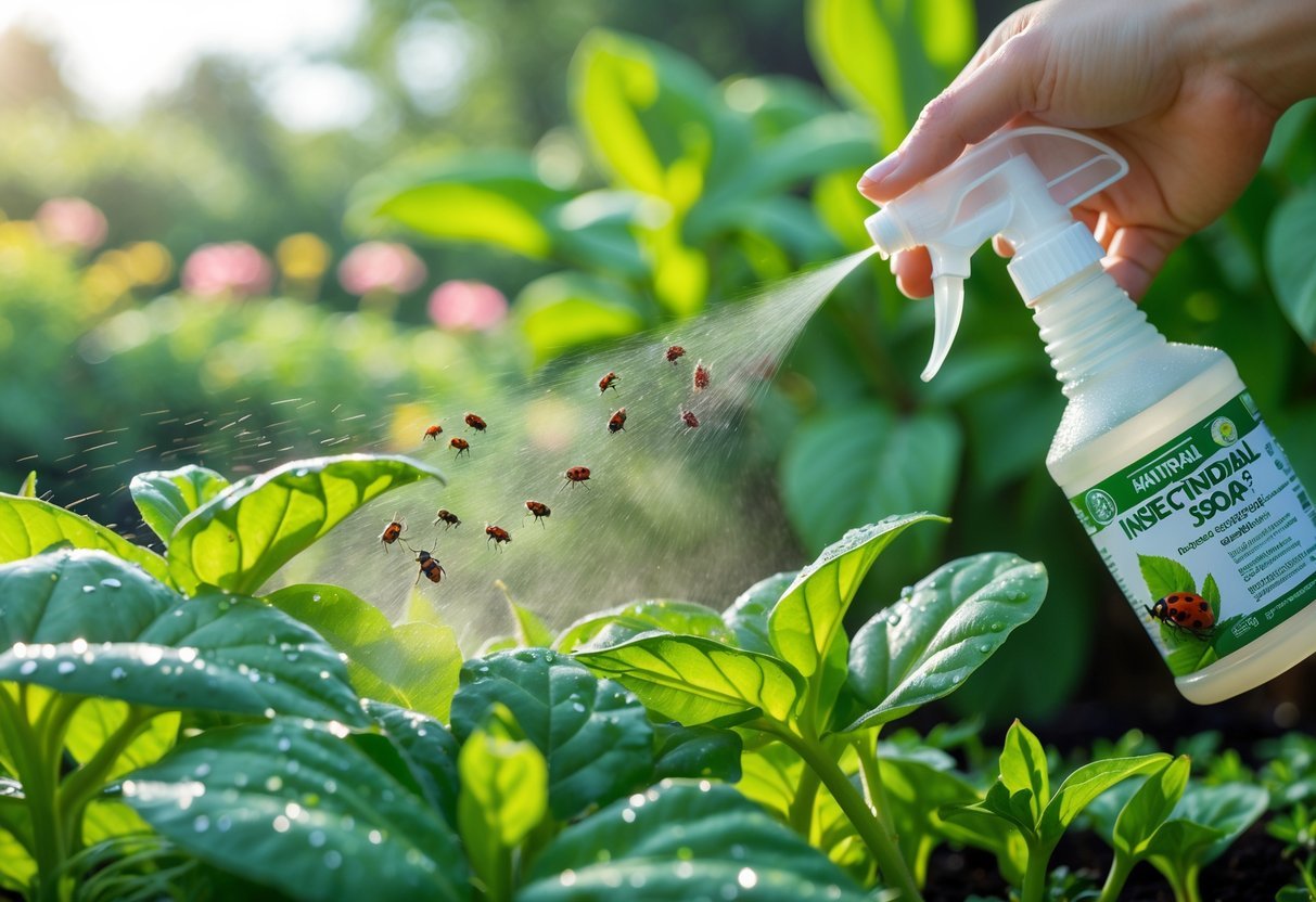 26+ Natural Pest Control Garden Ideas: Effective Methods Every US Gardener Should Try 12 Close-up of green garden plants being sprayed with insecticidal soap, with beneficial insects on the leaves in a sunny outdoor garden.