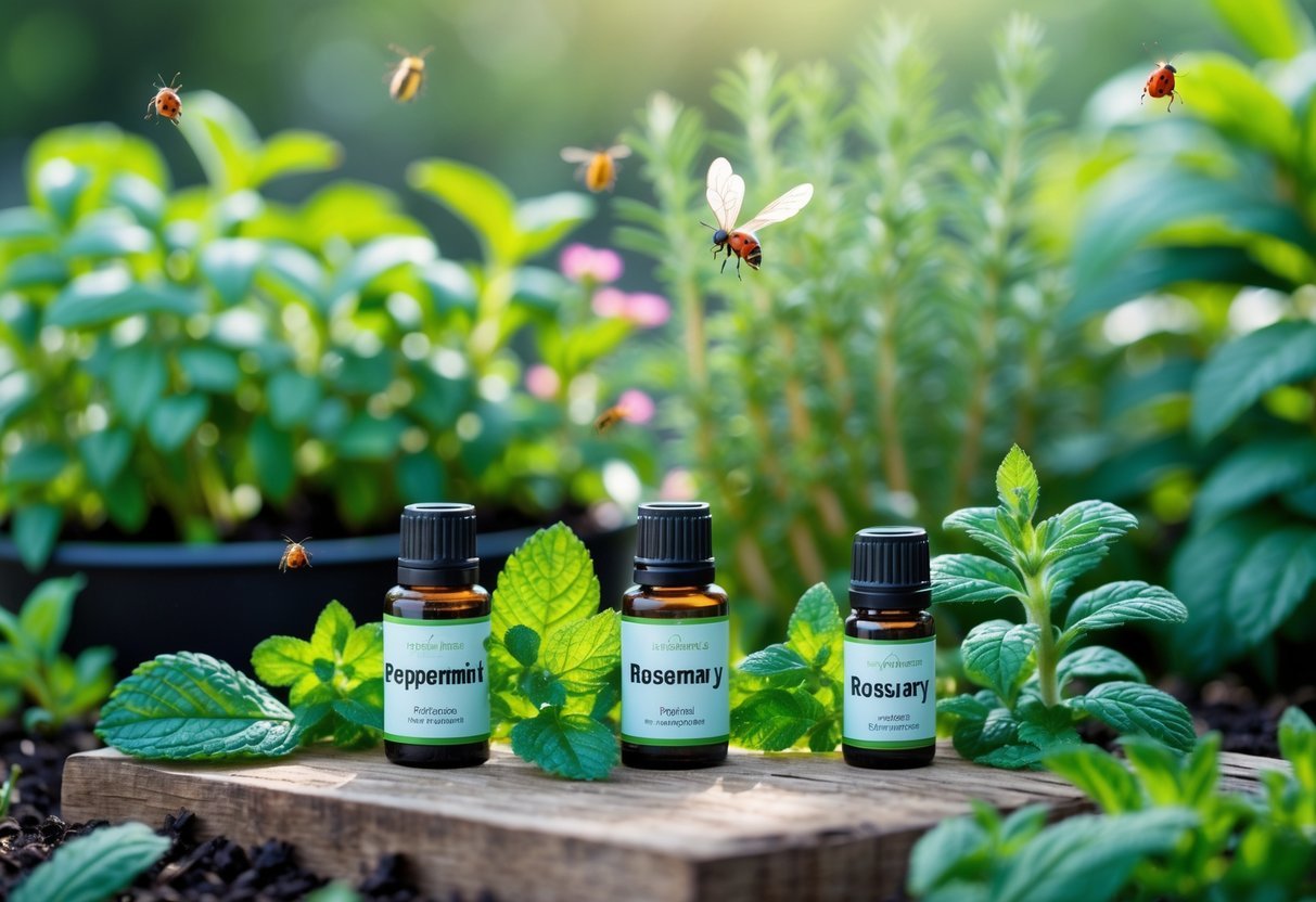 26+ Natural Pest Control Garden Ideas: Effective Methods Every US Gardener Should Try 13 Glass bottles of peppermint and rosemary essential oils with fresh leaves next to a healthy garden bed with green plants and flowers.