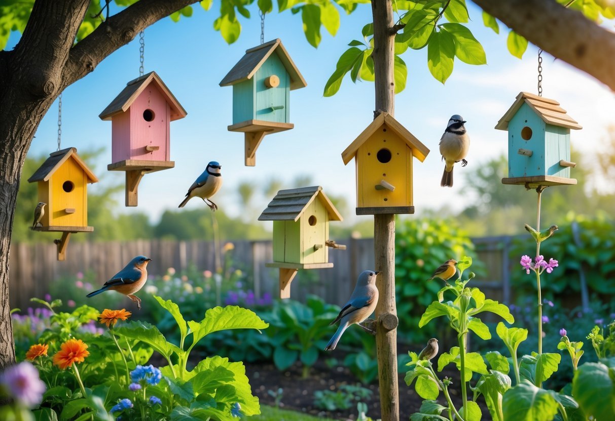 26+ Natural Pest Control Garden Ideas: Effective Methods Every US Gardener Should Try 15 A garden with colorful birdhouses on wooden posts and trees, small birds perched nearby, surrounded by green plants and flowers.