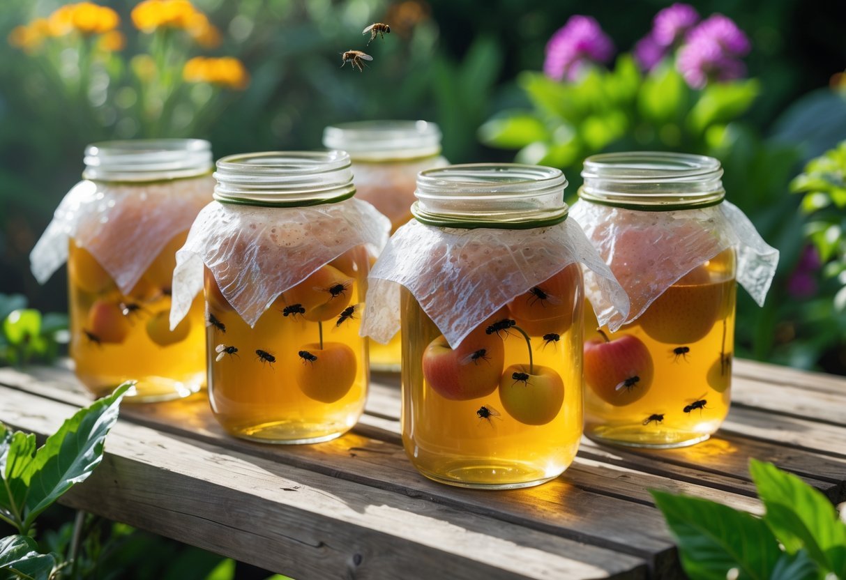 26+ Natural Pest Control Garden Ideas: Effective Methods Every US Gardener Should Try 17 Glass jars filled with apple cider vinegar covered with perforated plastic wrap, placed on a wooden garden table surrounded by green plants and flowers, with fruit flies around the jars.