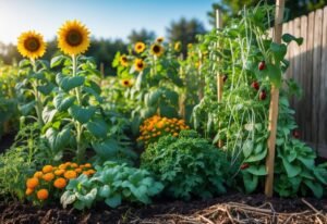 A thriving vegetable garden with various plants growing together, showing flowers, leafy greens, and climbing beans under sunlight.