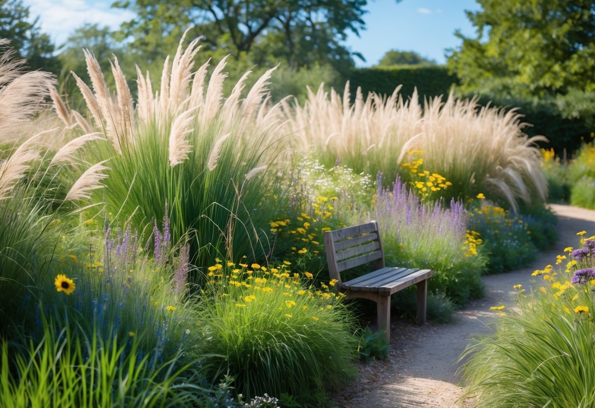 18+ Wild Grass Garden Ideas: Easy Ways for a Low-Maintenance, Stylish Yard 2 A wild grass garden with tall grasses, colorful wildflowers, a wooden bench, and a winding dirt path under a clear blue sky.