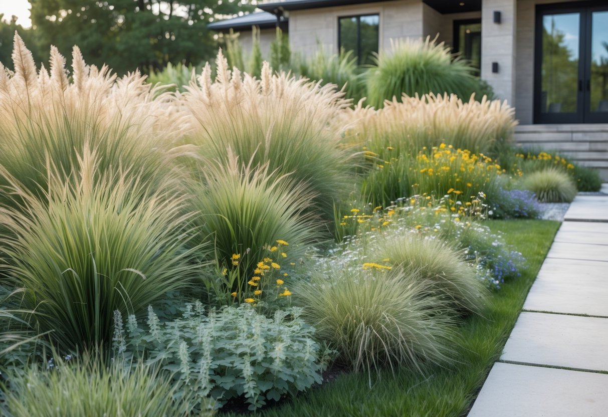 18+ Wild Grass Garden Ideas: Easy Ways for a Low-Maintenance, Stylish Yard 3 A front yard garden with tall wild grasses and flowering plants alongside a stone pathway leading to a house.