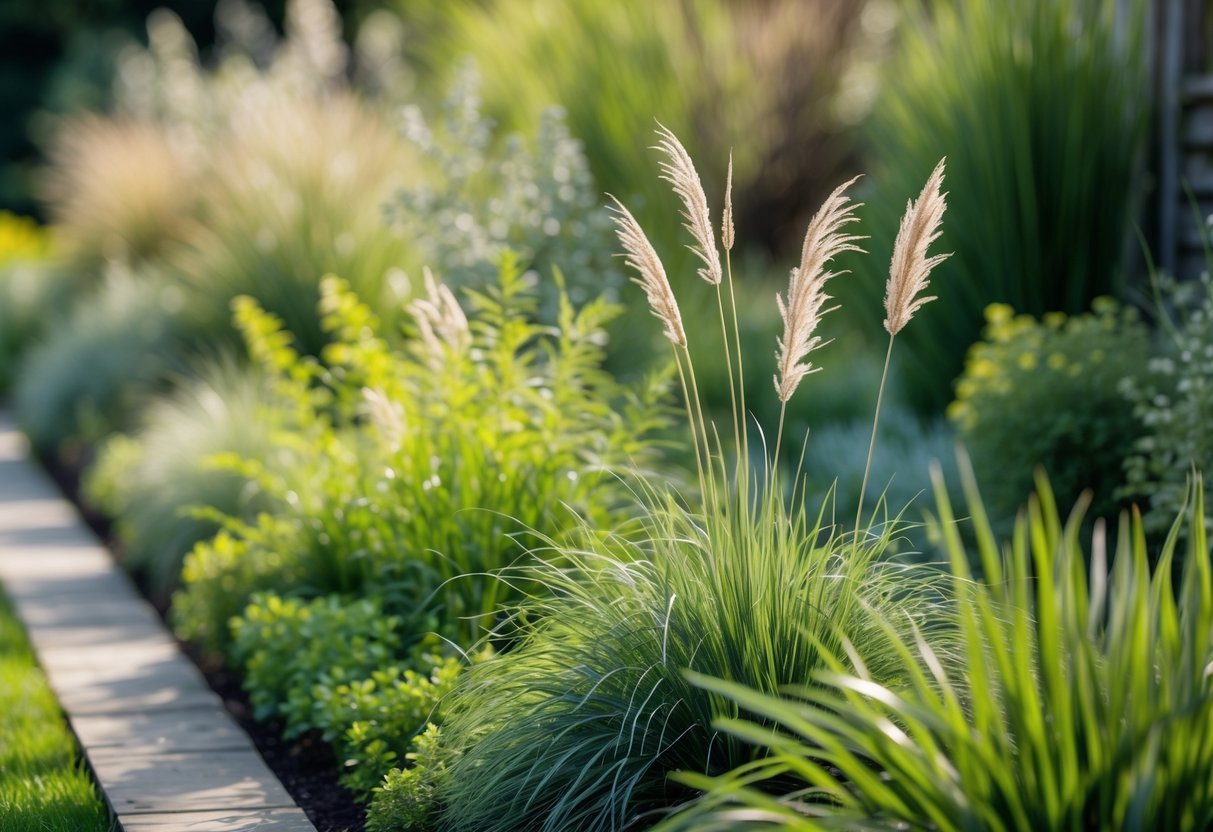 18+ Wild Grass Garden Ideas: Easy Ways for a Low-Maintenance, Stylish Yard 4 A garden path bordered by various types of ornamental wild grasses with green blades and feathery seed heads under soft sunlight.