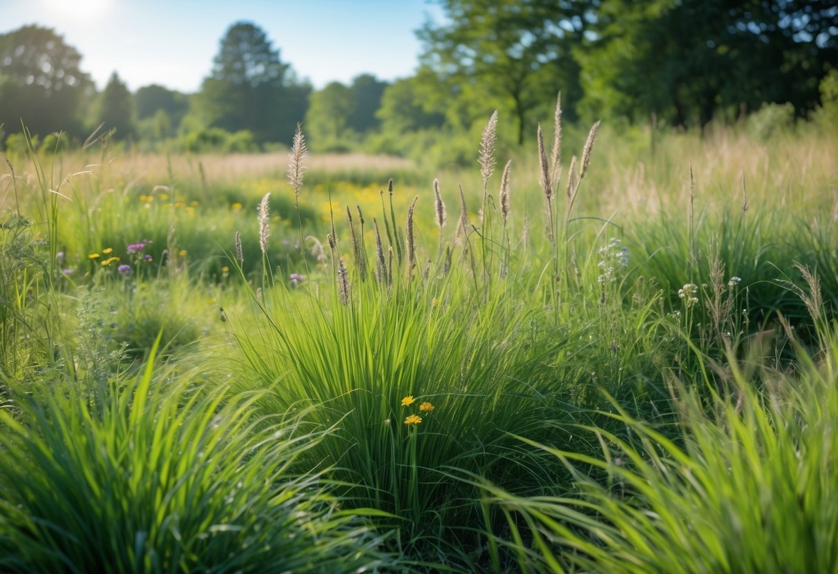 18+ Wild Grass Garden Ideas: Easy Ways for a Low-Maintenance, Stylish Yard 5 A patch of wild grasses and wildflowers gently swaying in a meadow under a clear blue sky.