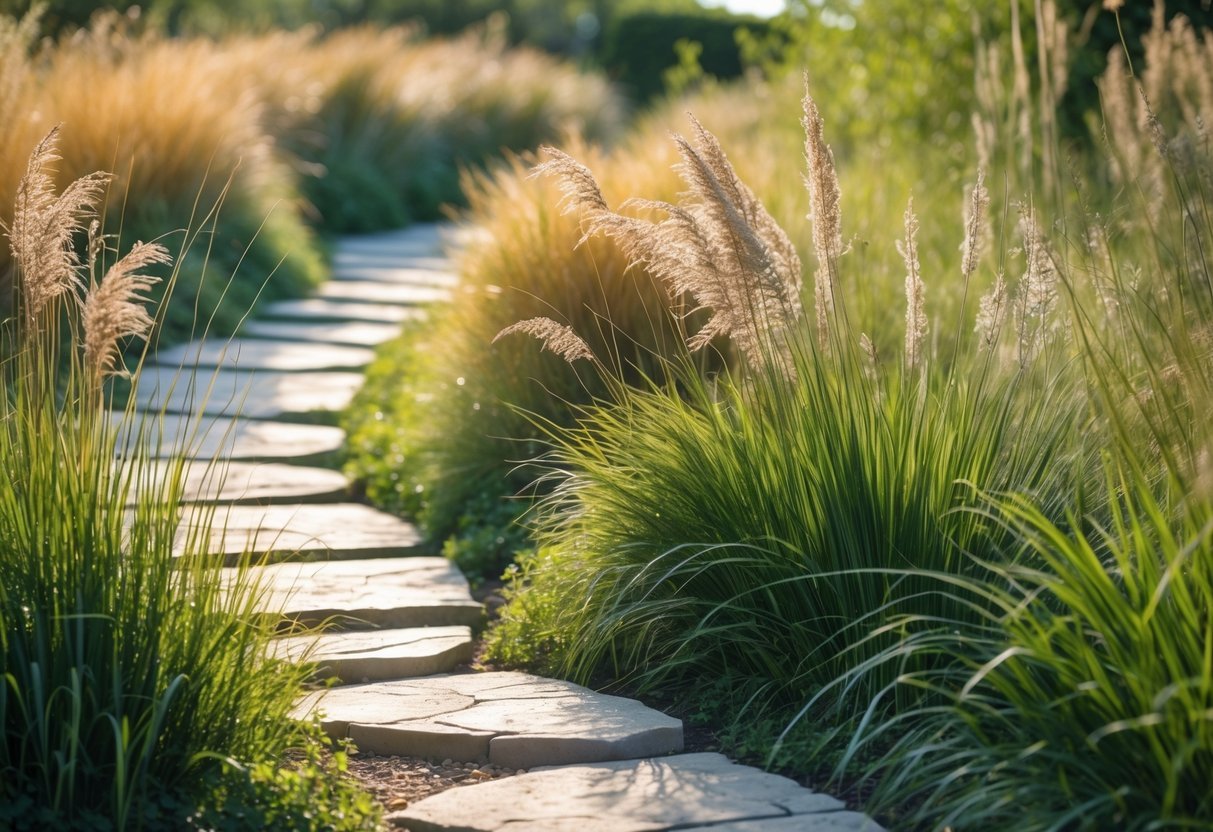 18+ Wild Grass Garden Ideas: Easy Ways for a Low-Maintenance, Stylish Yard 6 A winding stone pathway surrounded by tall wild grasses in a garden under soft sunlight.