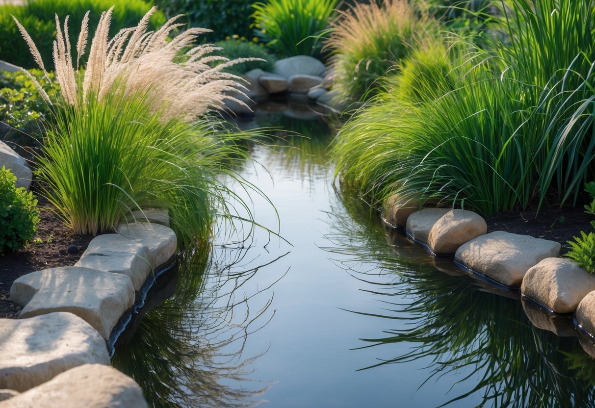 18+ Wild Grass Garden Ideas: Easy Ways for a Low-Maintenance, Stylish Yard 9 A calm water feature bordered by tall wild grasses and green plants in a garden.