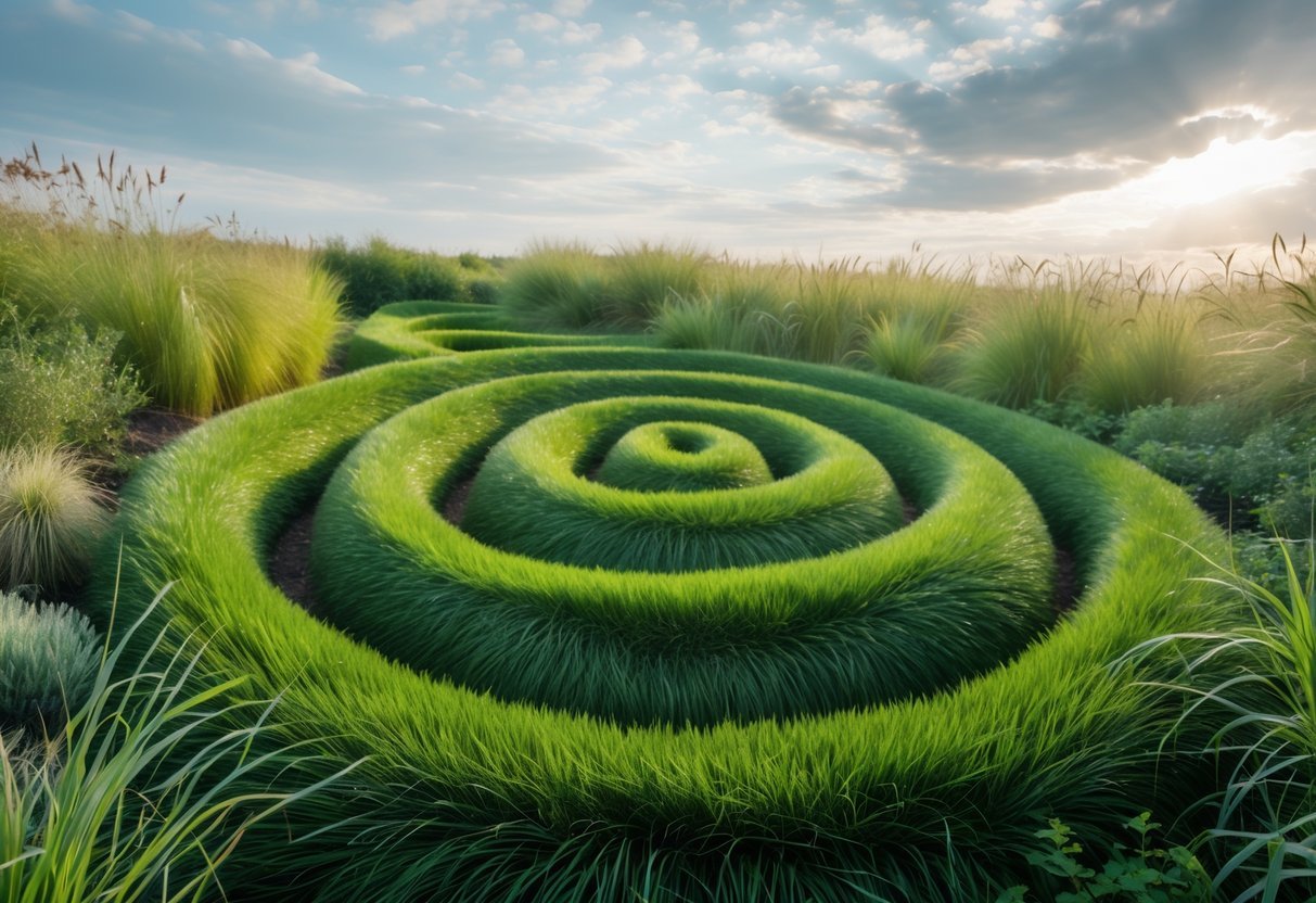 18+ Wild Grass Garden Ideas: Easy Ways for a Low-Maintenance, Stylish Yard 12 A large spiral maze made of tall green grass in a wild grass garden under a partly cloudy sky.