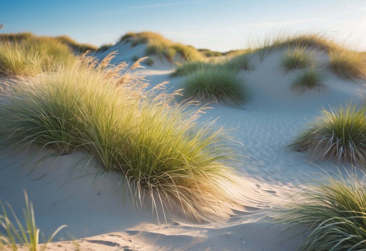 18+ Wild Grass Garden Ideas: Easy Ways for a Low-Maintenance, Stylish Yard 13 A sandy garden with tall wild grasses growing on gentle dunes under a clear blue sky.