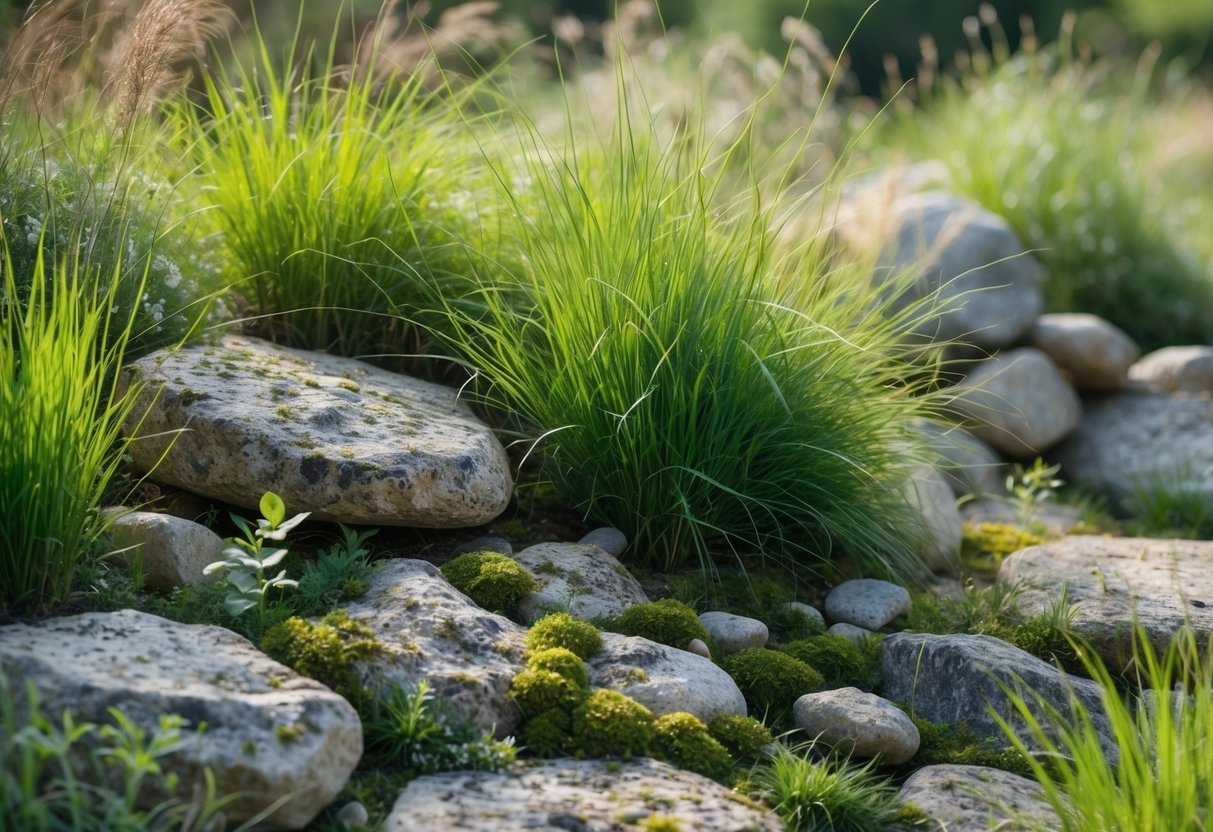 18+ Wild Grass Garden Ideas: Easy Ways for a Low-Maintenance, Stylish Yard 14 A garden with wild green grass growing around and between rustic stones.