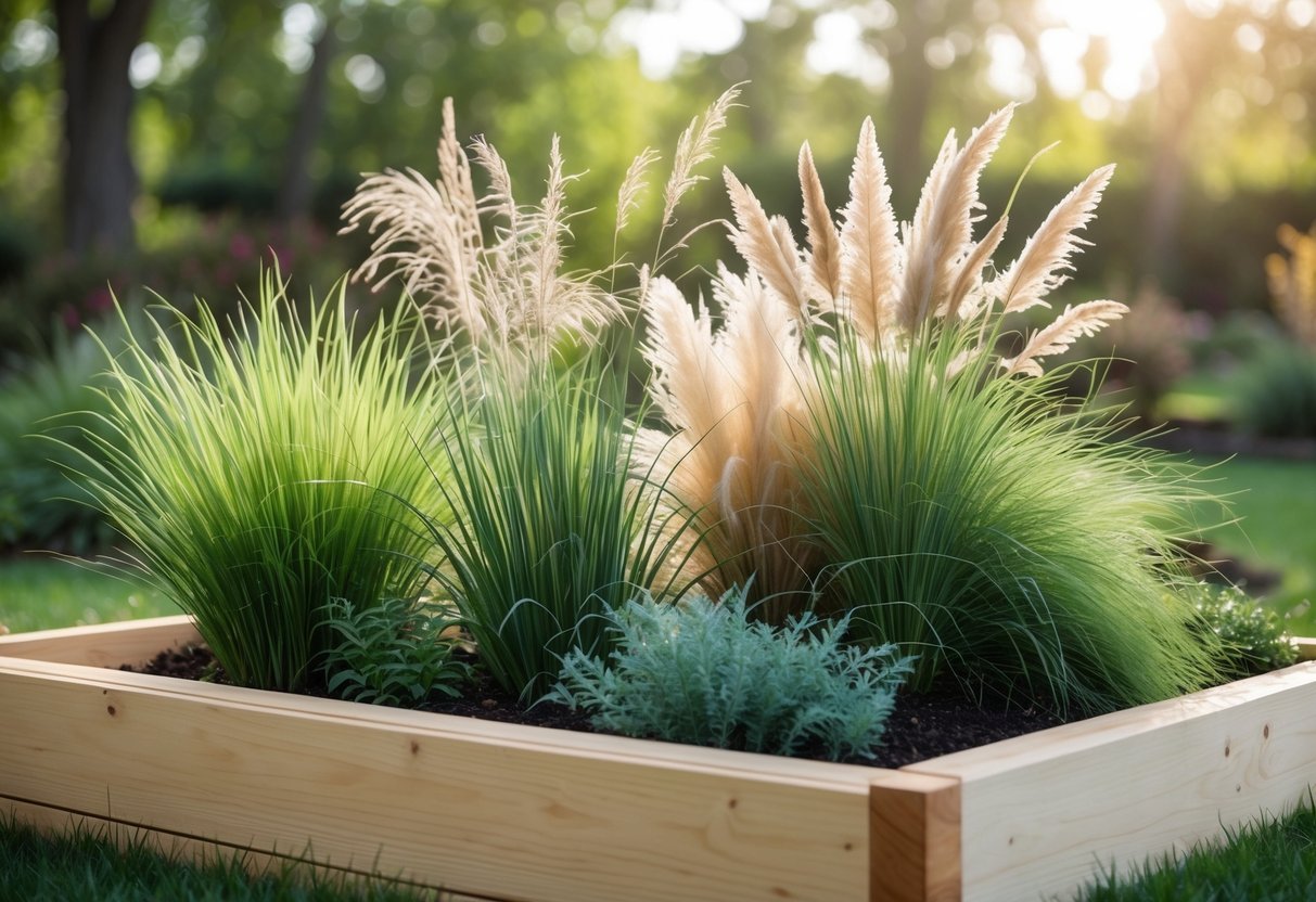 18+ Wild Grass Garden Ideas: Easy Ways for a Low-Maintenance, Stylish Yard 15 Raised wooden garden bed filled with various decorative wild grasses in a natural outdoor setting.