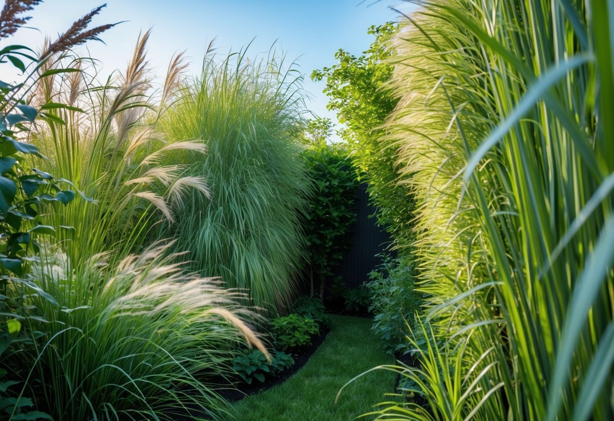 18+ Wild Grass Garden Ideas: Easy Ways for a Low-Maintenance, Stylish Yard 16 A garden with tall wild grasses forming a natural privacy screen under a clear sky.