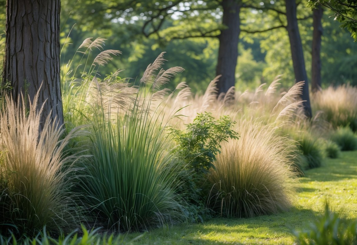 18+ Wild Grass Garden Ideas: Easy Ways for a Low-Maintenance, Stylish Yard 17 A peaceful woodland edge with tall wild grasses and trees under soft sunlight.