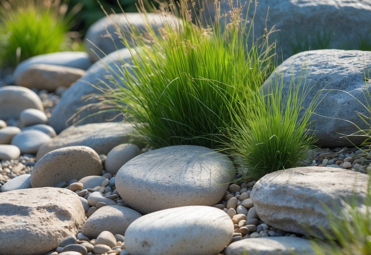 18+ Wild Grass Garden Ideas: Easy Ways for a Low-Maintenance, Stylish Yard 18 A rock garden with smooth stones and tufts of wild grass growing between them.