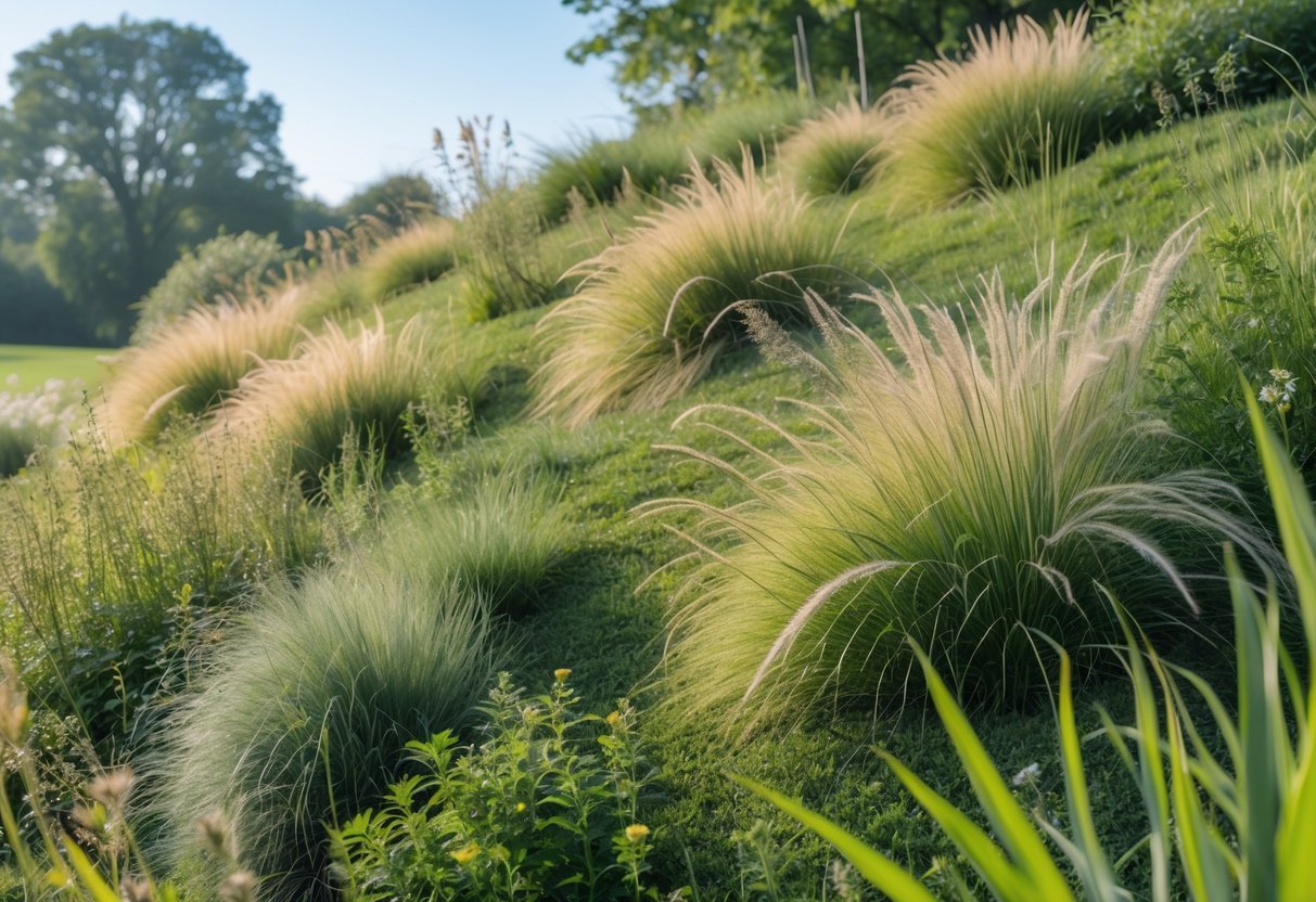 18+ Wild Grass Garden Ideas: Easy Ways for a Low-Maintenance, Stylish Yard 19 A gently sloping berm covered with tall wild grasses and small plants under a clear blue sky.