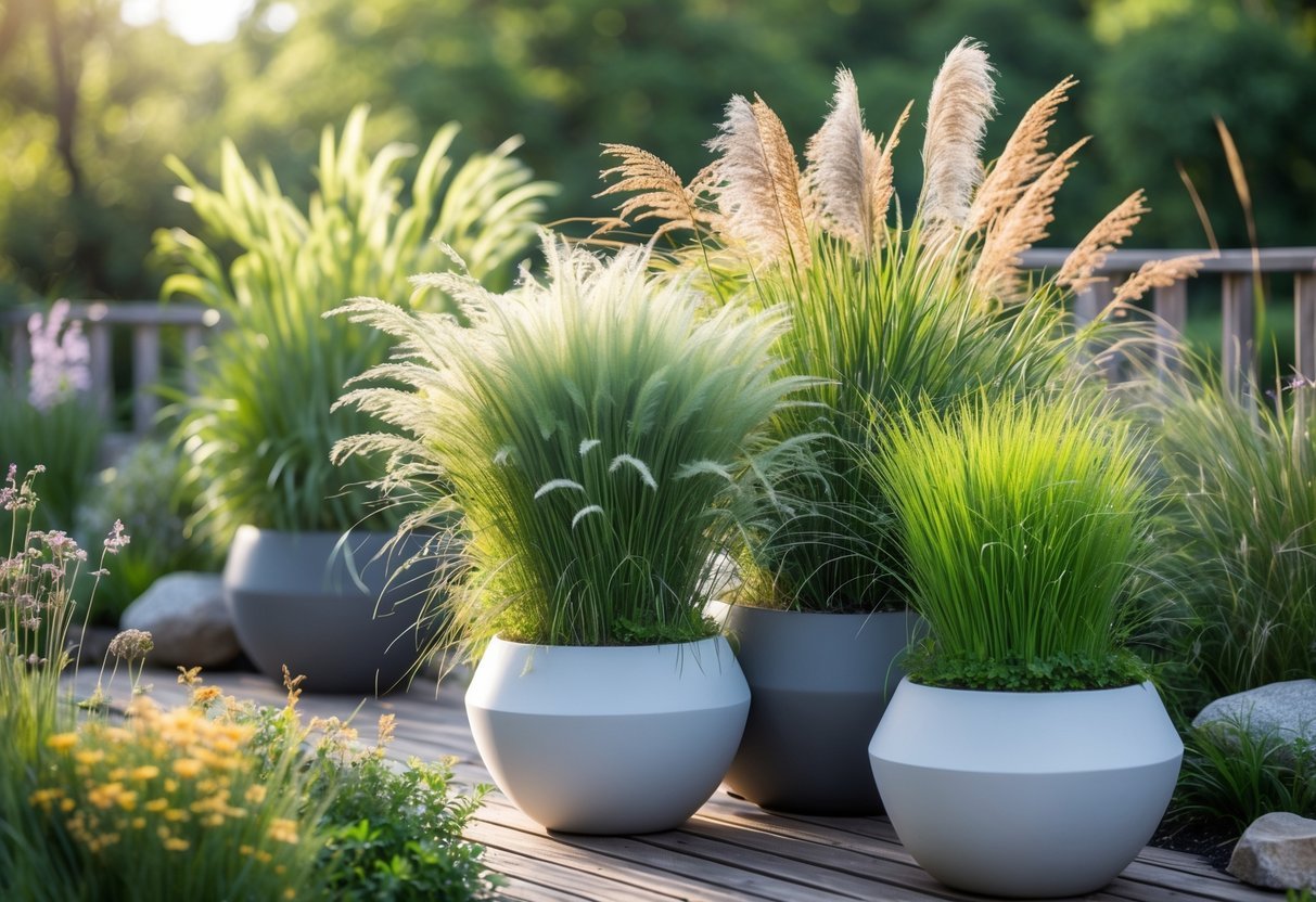 18+ Wild Grass Garden Ideas: Easy Ways for a Low-Maintenance, Stylish Yard 20 A container garden filled with various types of wild grasses in different shades of green, arranged outdoors on a wooden surface.