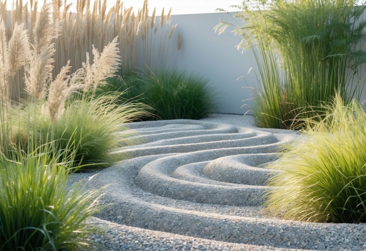 18+ Wild Grass Garden Ideas: Easy Ways for a Low-Maintenance, Stylish Yard 21 A peaceful garden with wild grasses growing among neatly raked light-colored gravel patterns.