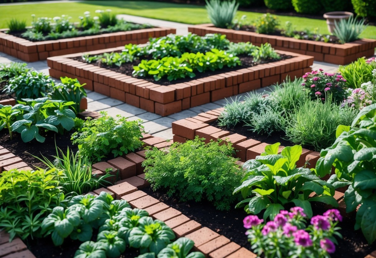 23+ Brick-Lined Garden Bed Ideas: Stunning Designs to Elevate Your US Backyard 2 A garden with several brick-lined beds filled with green plants and colorful flowers under natural daylight.