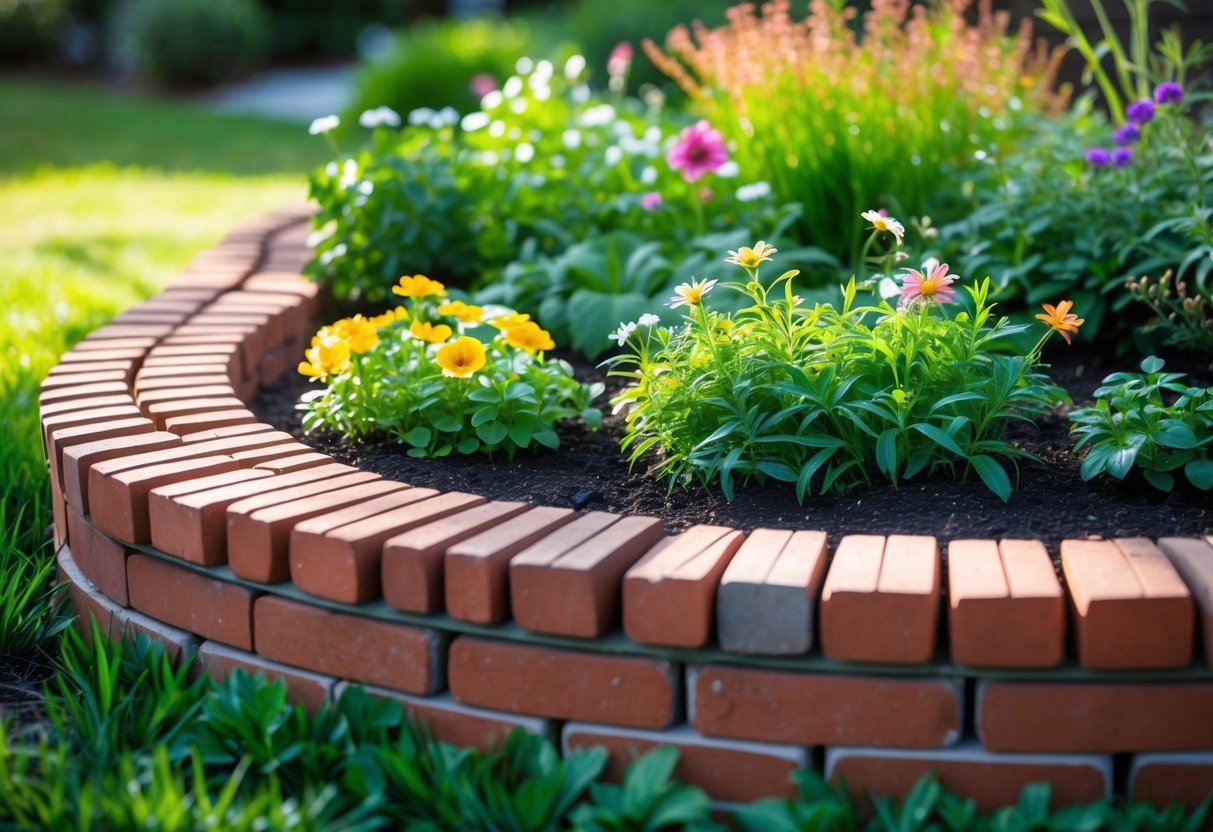 23+ Brick-Lined Garden Bed Ideas: Stunning Designs to Elevate Your US Backyard 3 An arched brick garden bed filled with green plants and colorful flowers in a sunny outdoor setting.