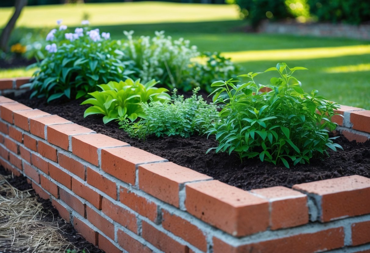 23+ Brick-Lined Garden Bed Ideas: Stunning Designs to Elevate Your US Backyard 4 A straight-lined brick garden bed filled with plants and soil in a green garden setting.