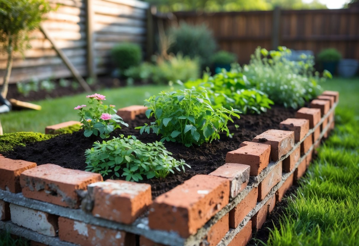 23+ Brick-Lined Garden Bed Ideas: Stunning Designs to Elevate Your US Backyard 5 A rectangular garden bed lined with reclaimed red bricks filled with green plants and flowers in a backyard.