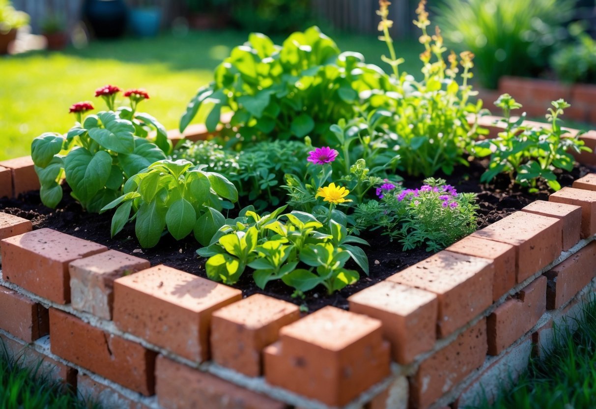 23+ Brick-Lined Garden Bed Ideas: Stunning Designs to Elevate Your US Backyard 6 Raised garden bed made of red bricks filled with soil and growing green plants and flowers outdoors.
