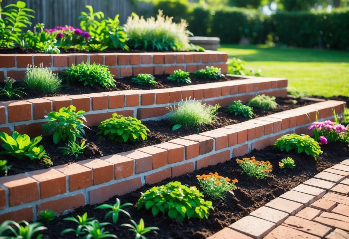 23+ Brick-Lined Garden Bed Ideas: Stunning Designs to Elevate Your US Backyard 7 Multi-tiered brick garden bed with green plants and colorful flowers outdoors in a sunny garden.