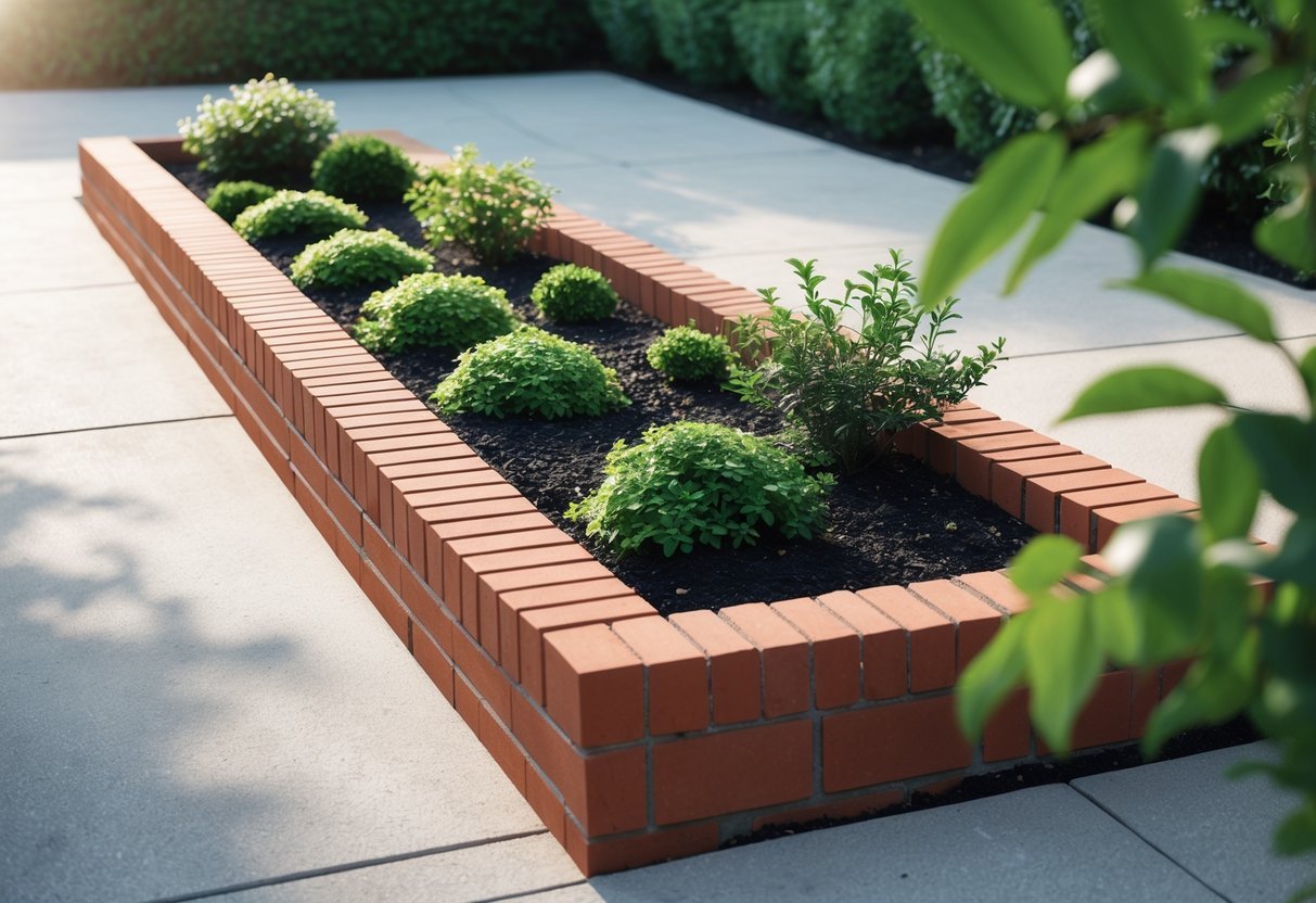 23+ Brick-Lined Garden Bed Ideas: Stunning Designs to Elevate Your US Backyard 8 A rectangular brick garden bed with green plants and shrubs surrounded by a smooth patio surface.