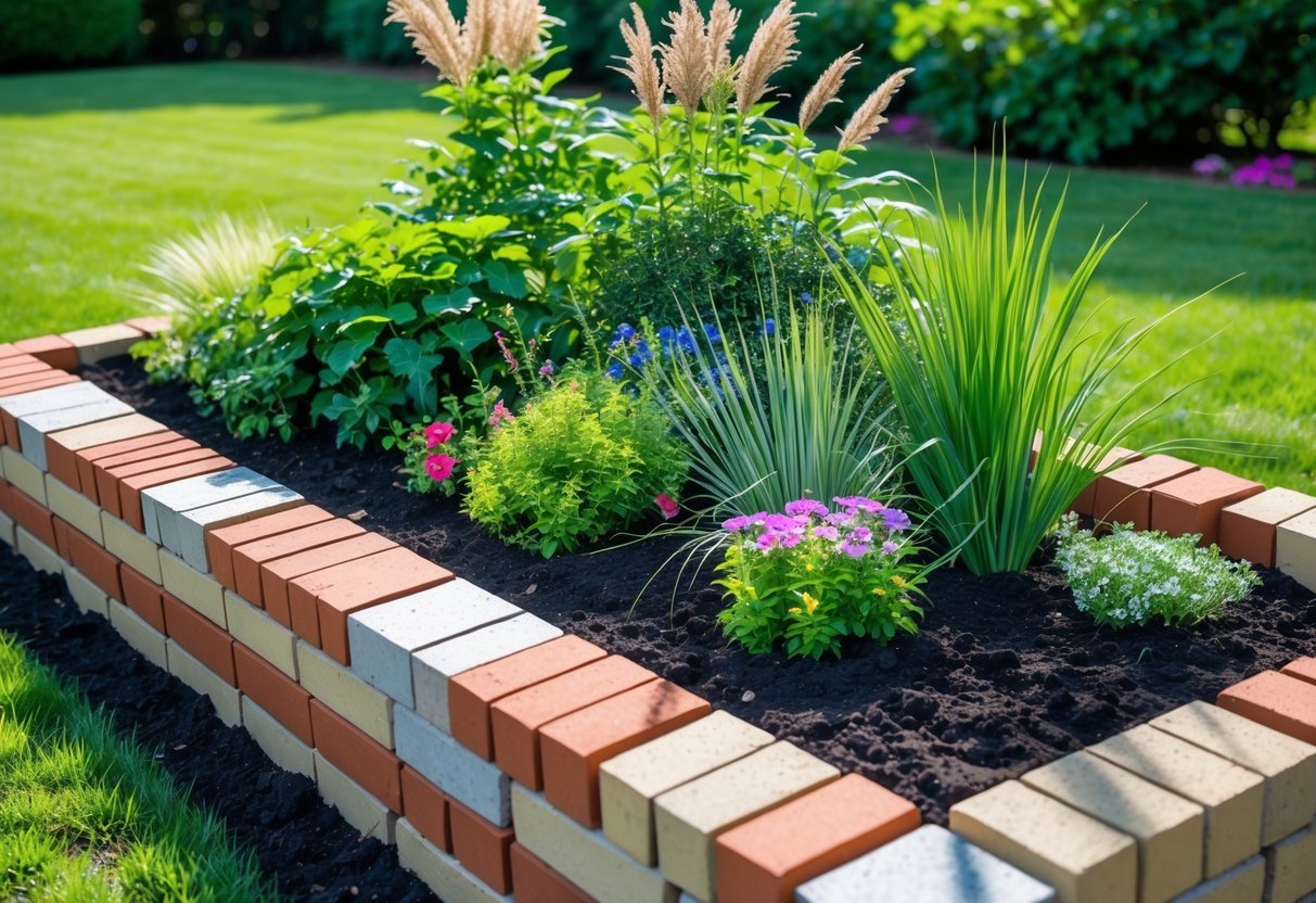 23+ Brick-Lined Garden Bed Ideas: Stunning Designs to Elevate Your US Backyard 9 A rectangular garden bed bordered with mixed red and beige bricks filled with green plants and colorful flowers outdoors on a sunny day.