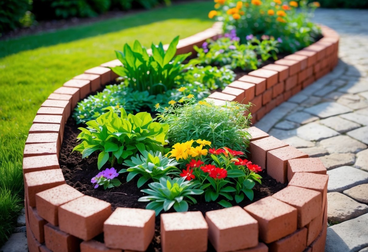 23+ Brick-Lined Garden Bed Ideas: Stunning Designs to Elevate Your US Backyard 10 An L-shaped brick garden bed filled with green plants and colorful flowers next to a stone pathway and lawn.