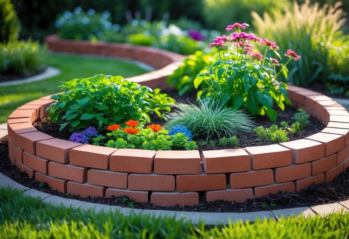 23+ Brick-Lined Garden Bed Ideas: Stunning Designs to Elevate Your US Backyard 11 Curved brick garden bed filled with green plants and colorful flowers in an outdoor garden.