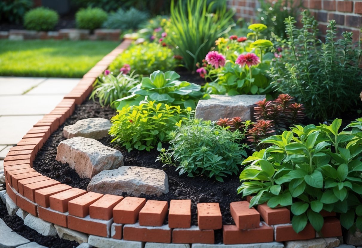 23+ Brick-Lined Garden Bed Ideas: Stunning Designs to Elevate Your US Backyard 12 A garden bed bordered with red bricks and natural stones, filled with green plants and colorful flowers.
