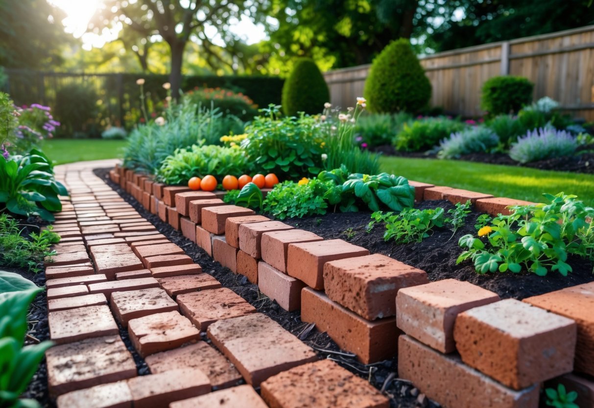 21+ Garden Ideas Using Reclaimed Bricks to Transform Your Outdoor Space in the US 2 A garden pathway and raised beds made from reclaimed bricks surrounded by green plants and flowers.