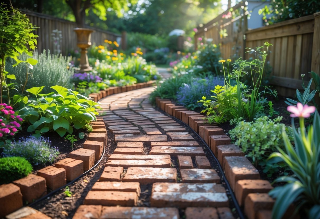 21+ Garden Ideas Using Reclaimed Bricks to Transform Your Outdoor Space in the US 3 A winding garden path made from reclaimed bricks surrounded by green plants and colorful flowers.