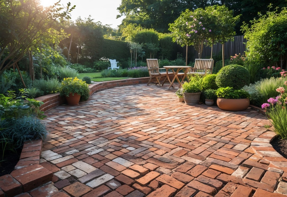 21+ Garden Ideas Using Reclaimed Bricks to Transform Your Outdoor Space in the US 4 A garden patio with flooring made from reclaimed bricks surrounded by green plants and outdoor furniture.
