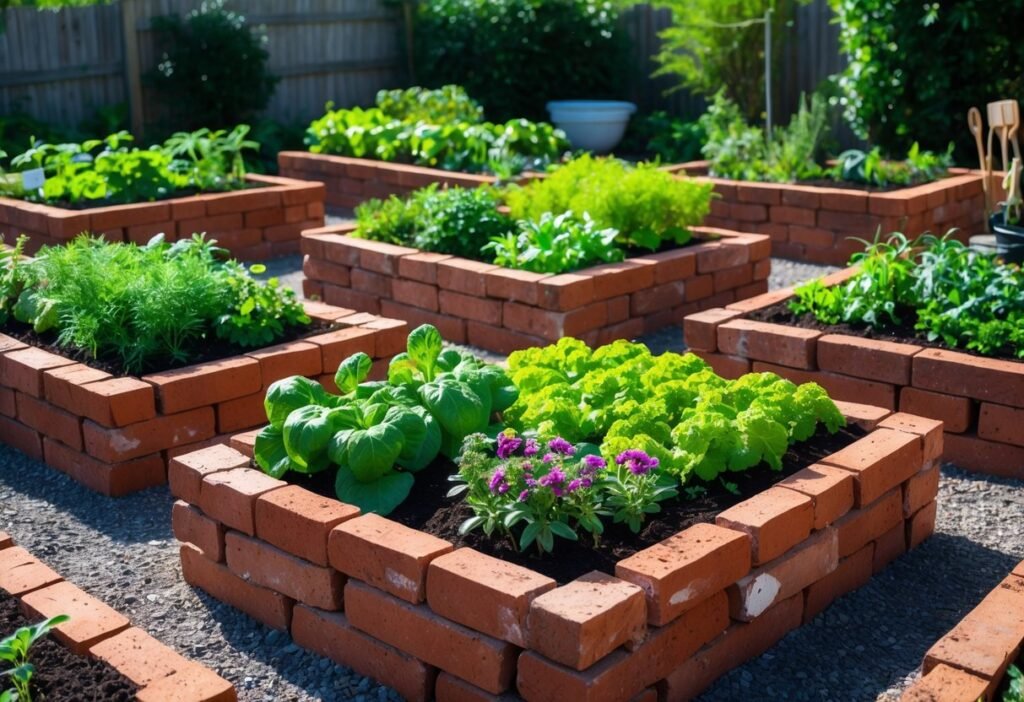 Outdoor garden with raised beds made of reclaimed bricks filled with green plants and flowers under natural sunlight.