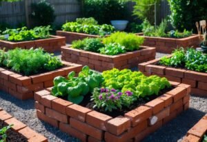 Outdoor garden with raised beds made of reclaimed bricks filled with green plants and flowers under natural sunlight.
