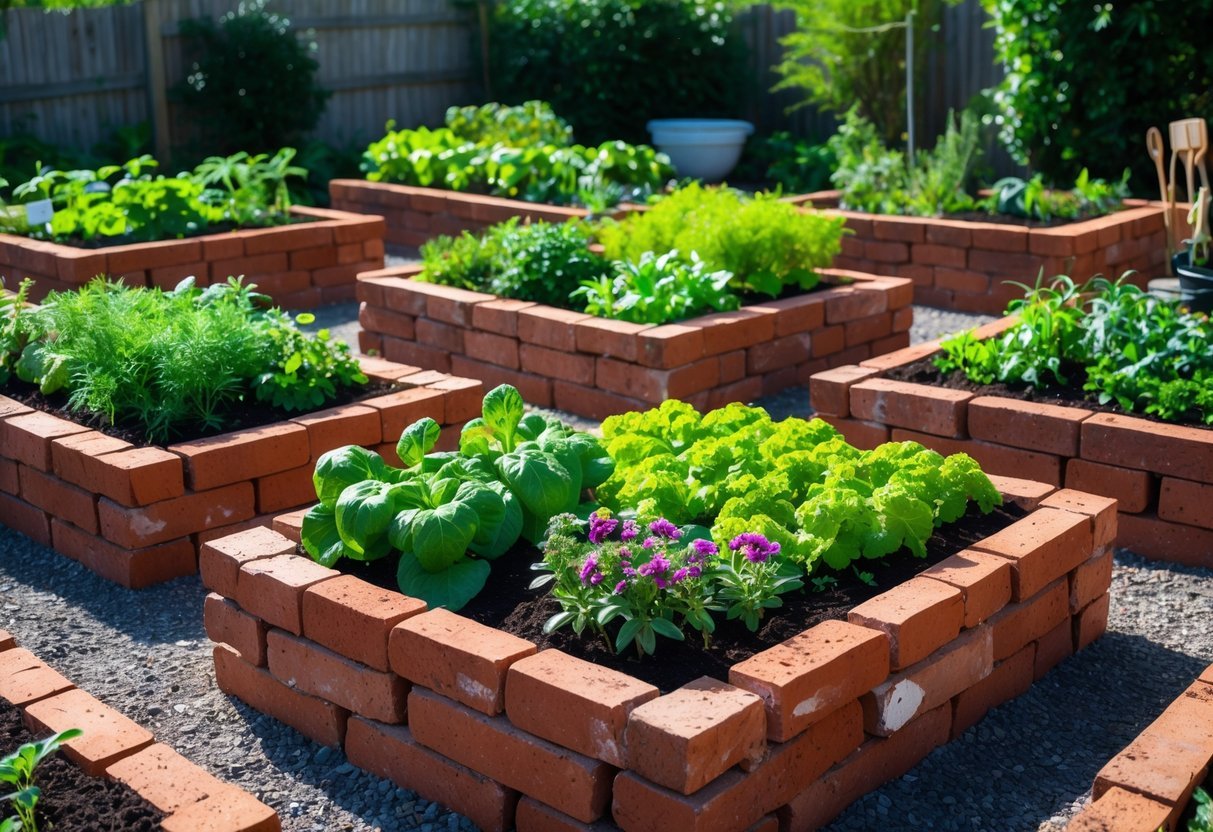 21+ Garden Ideas Using Reclaimed Bricks to Transform Your Outdoor Space in the US 5 Outdoor garden with raised beds made of reclaimed bricks filled with green plants and flowers under natural sunlight.