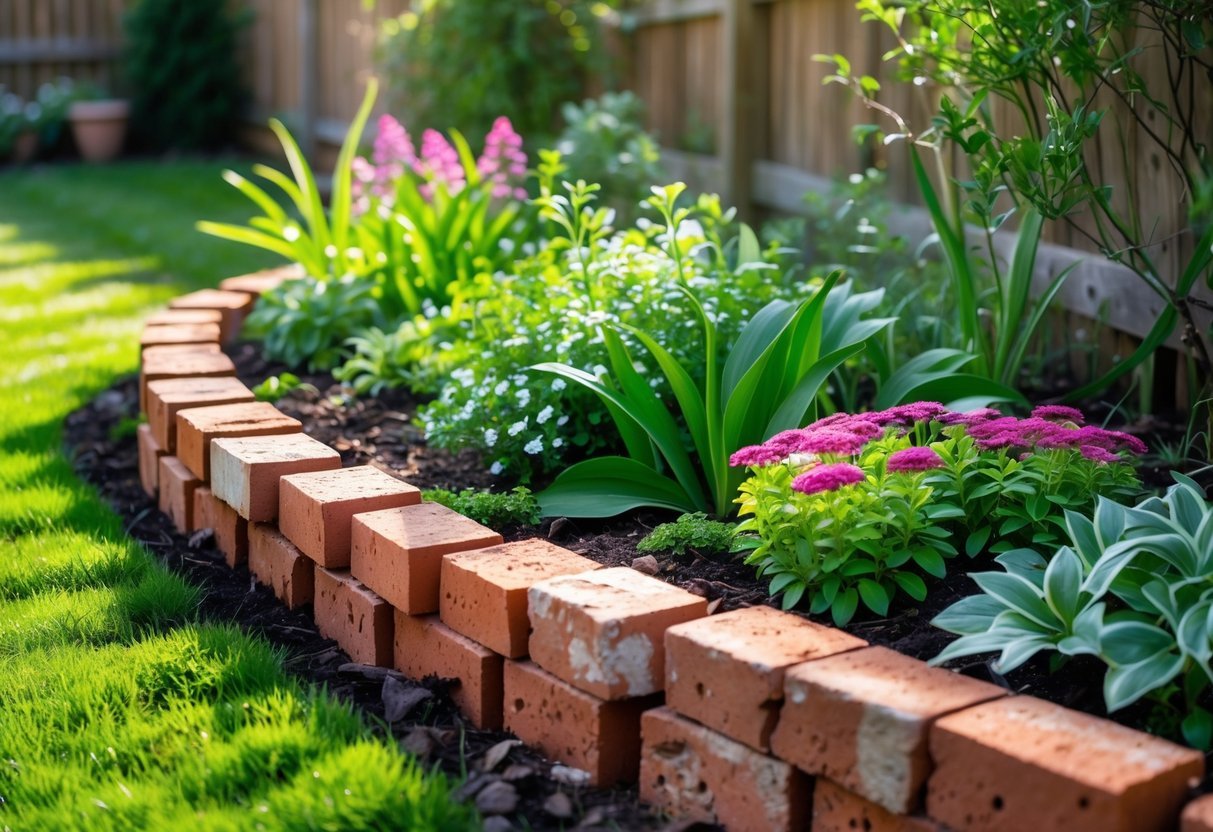 21+ Garden Ideas Using Reclaimed Bricks to Transform Your Outdoor Space in the US 6 A garden bed edged with reclaimed red bricks surrounded by flowering plants and green foliage.