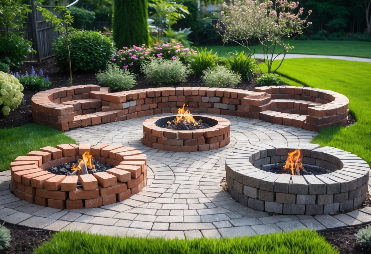 21+ Garden Ideas Using Reclaimed Bricks to Transform Your Outdoor Space in the US 7 Five different garden fire pits surrounded by reclaimed bricks in various shapes, set in a green outdoor garden.
