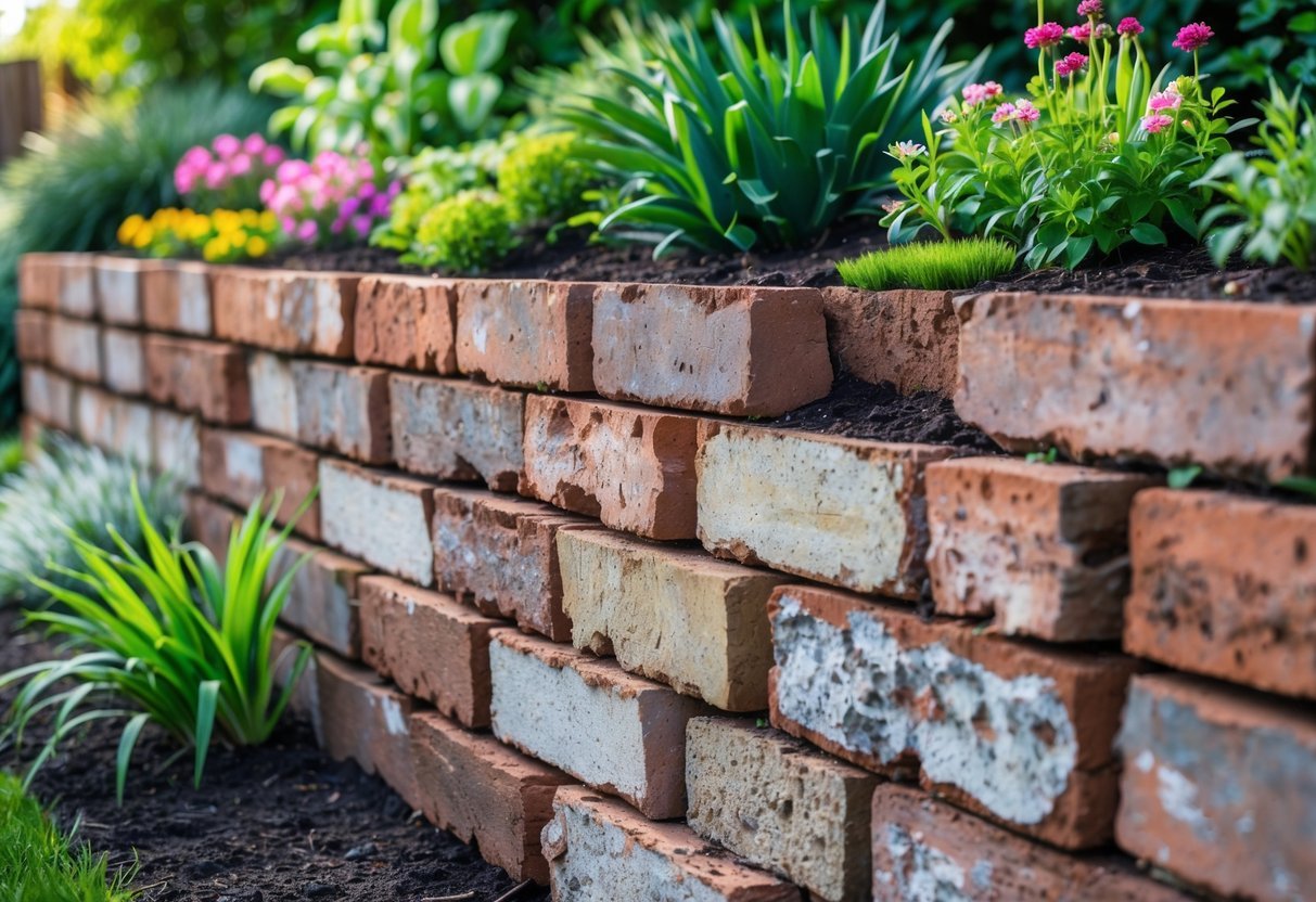 21+ Garden Ideas Using Reclaimed Bricks to Transform Your Outdoor Space in the US 8 A garden with a retaining wall made of reclaimed bricks surrounded by green plants and colorful flowers.